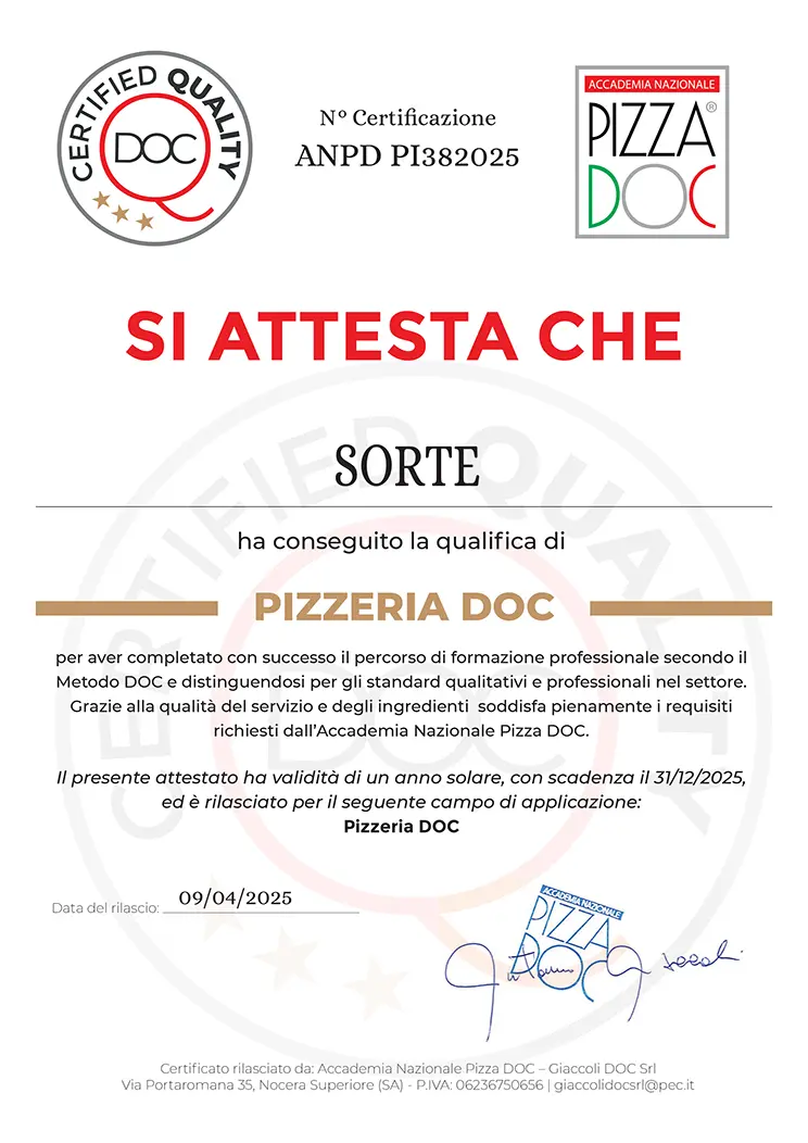 The 2025 Pizza DOC Quality Recognition Pizza DOC Certificate 2025